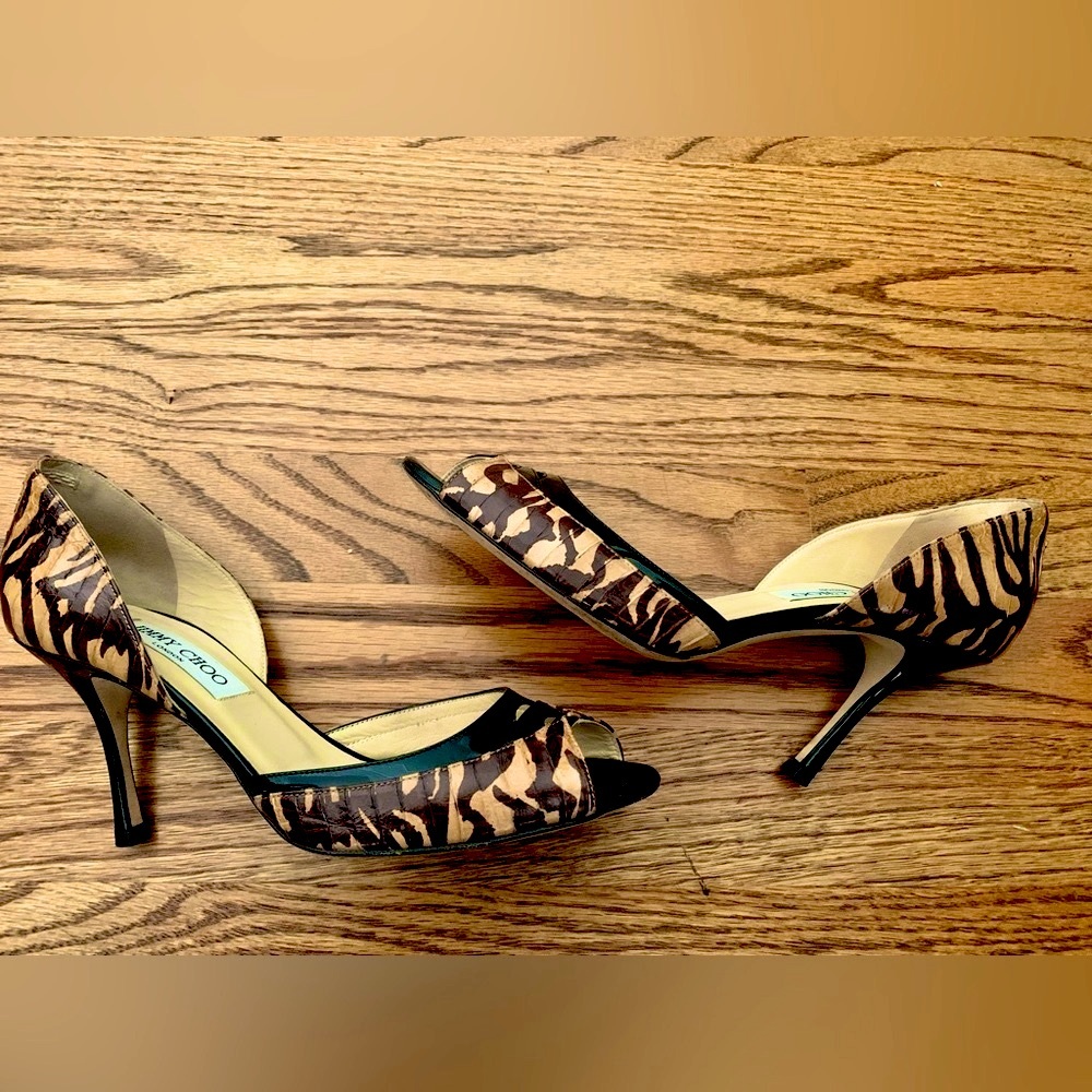 Jimmy Choo Black Browns Animal Print Heels Peep Toe Pumps Shoes 37.5 US 7 Fall - Picture 9 of 13